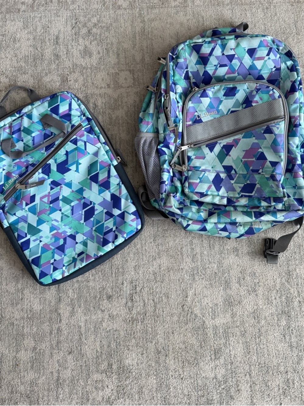 LL Bean Geometric Blue & Aqua Backpack with Matching laptop Case